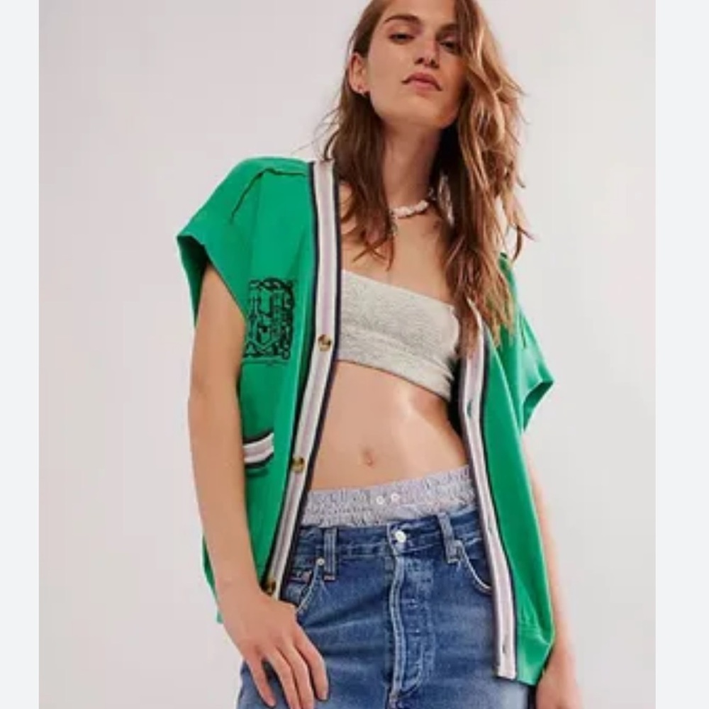 Free People We the Free Sweater Vest XL Green Navy Embroidered